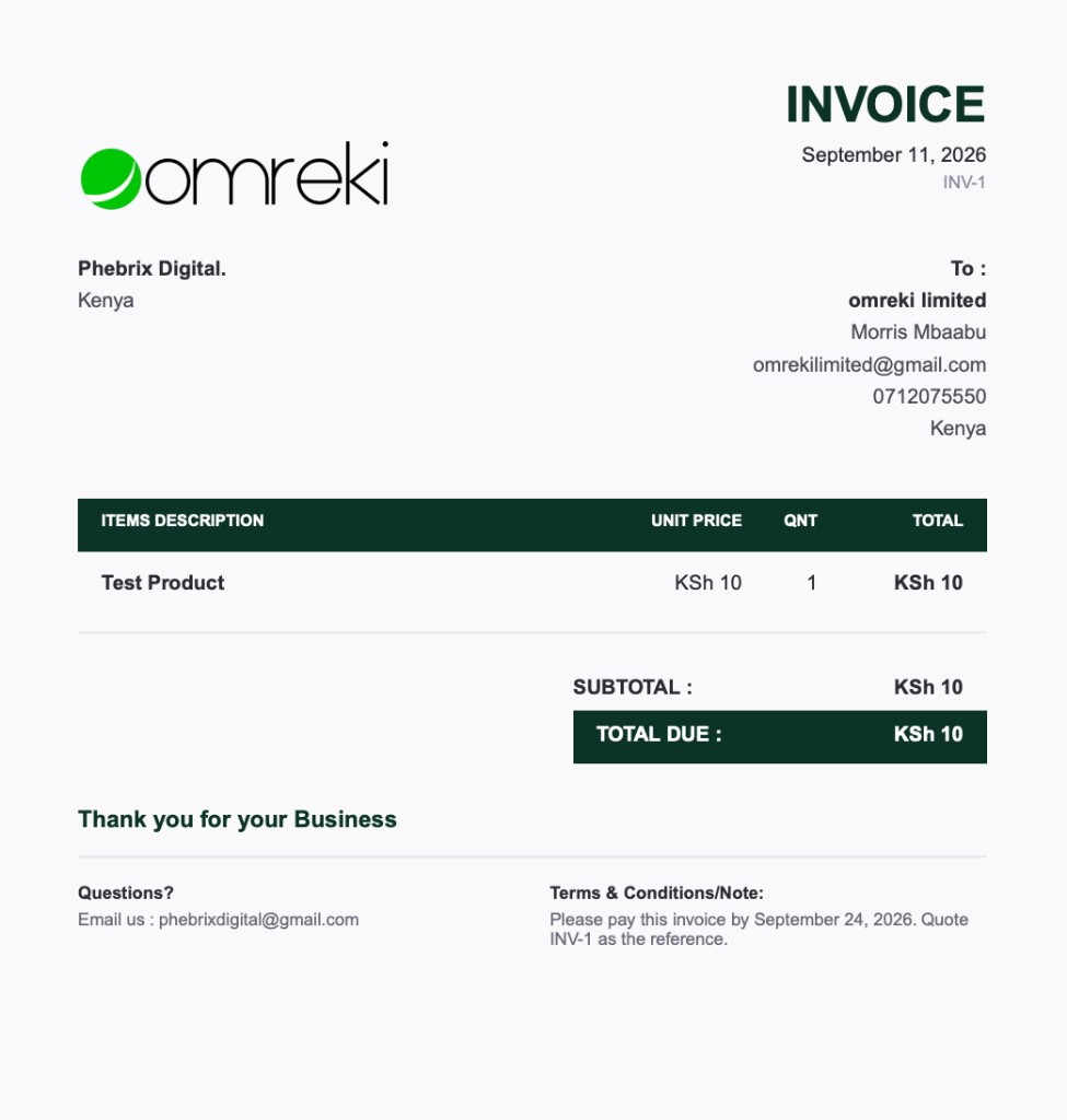 Sample goobiiz invoice with the business logo, line items, and total due